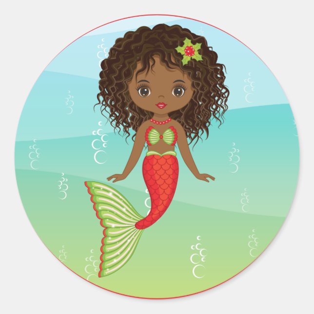 Sticker rond de sirène afro-américaine Christams (Devant)