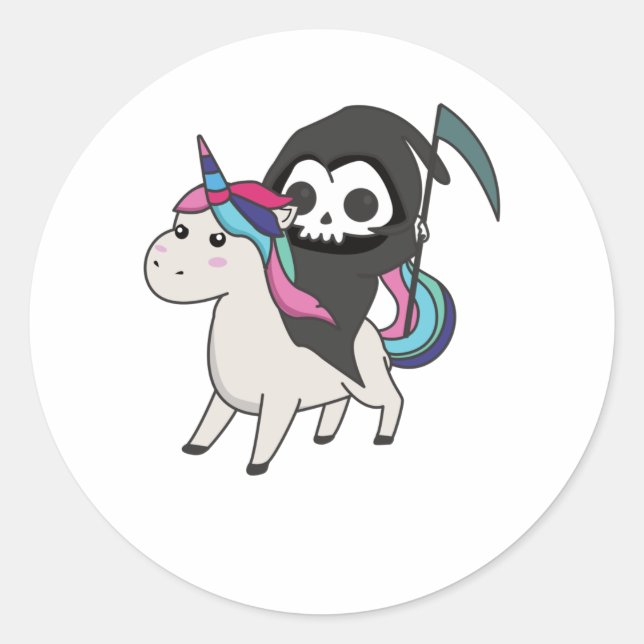 Sticker Rond Death Riding Unicorn Funny Unicorns Arc-en-ciel (Devant)