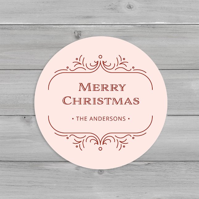 Sticker Rond Déco moderne | Noël rose et rouge (An elegant, blush pink and red art deco style Christmas sticker)