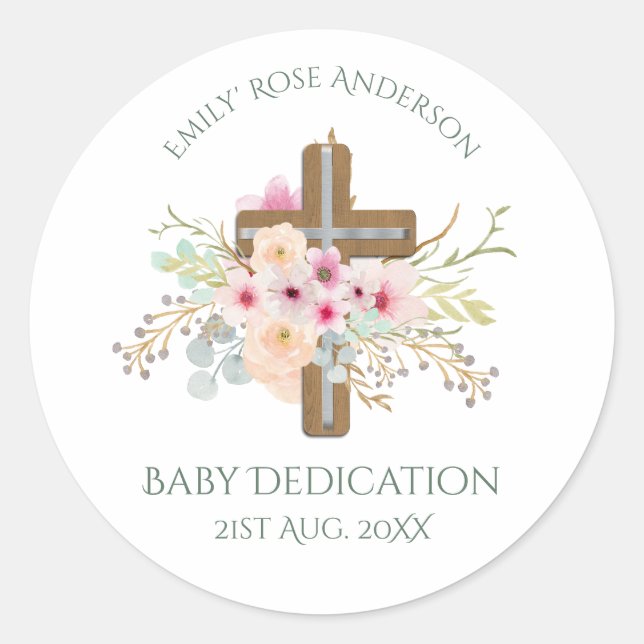 Sticker Rond Dédication BÉBÉ personnalisée Croix florale (Devant)