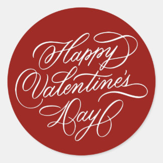 Sticker Rond Deep Red Happy Valentines Day Elegant Calligraphy 