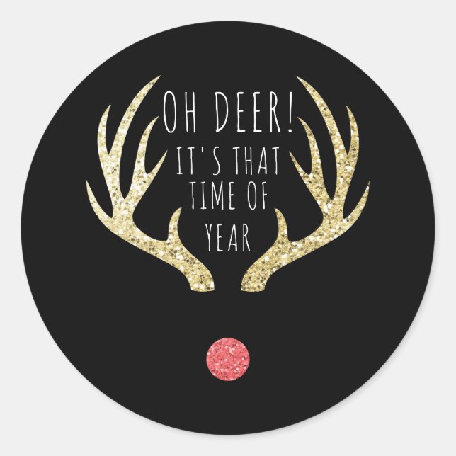 Sticker Rond Deer Antlers Gold & Black Christmas Holiday Party (Devant)