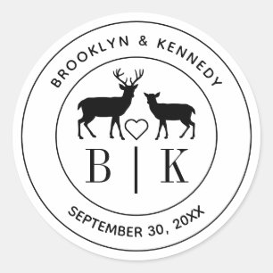 Sticker Rond Deer Monogram Mariage campagnard rustique Nom du c
