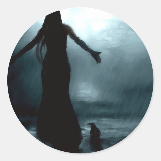 Sticker Rond déesse celtique morrigan corbeau corbeau eau de pl (Devant)