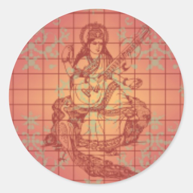 Sticker Rond déesse hindoue rouge Saraswati Sagesse Inde (Devant)