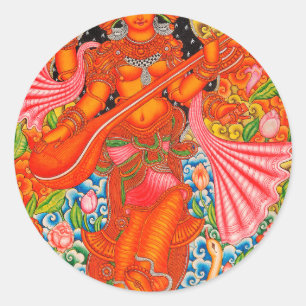 STICKER ROND DÉESSE INDOUE DE SARASWATI D'APPRENDRE TANJORE