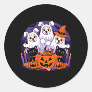 Sticker Rond Déguisement Femme Drôle Chien Halloween En Fantôme