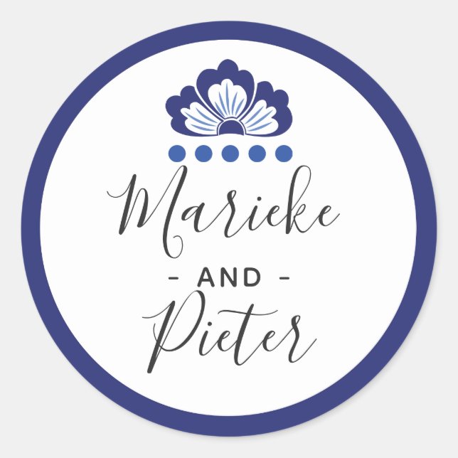 Sticker Rond Delfts Blauw Delft Blue Dutch Mariage Personnalisé (Devant)