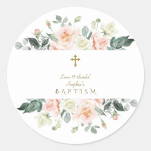 Sticker Rond Délicat Blush Fleurs Blanches Or Girl Baptême