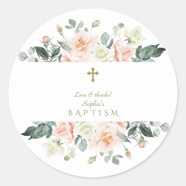 Sticker Rond Délicat Blush Fleurs Blanches Or Girl Baptême (Devant)
