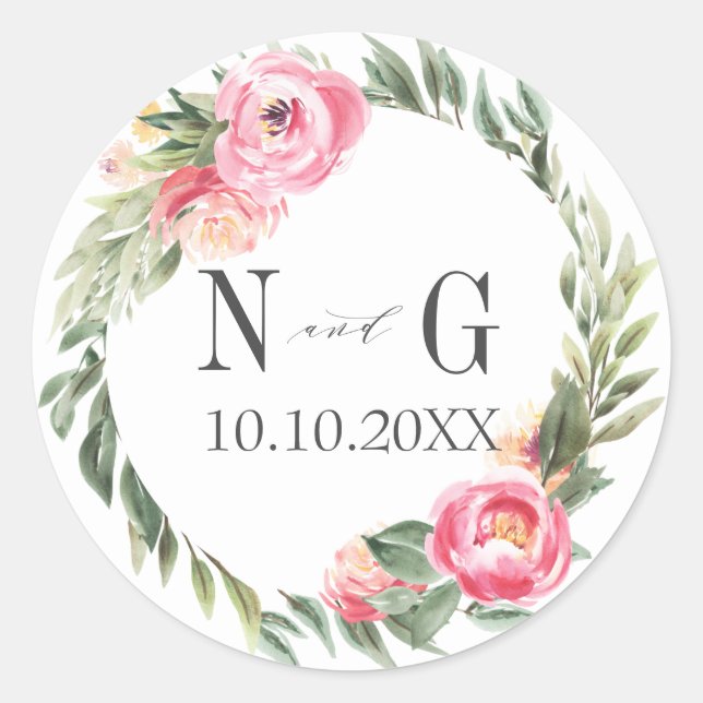 Sticker Rond Délicat Peony Typographie Chic Monogram Mariage (Devant)