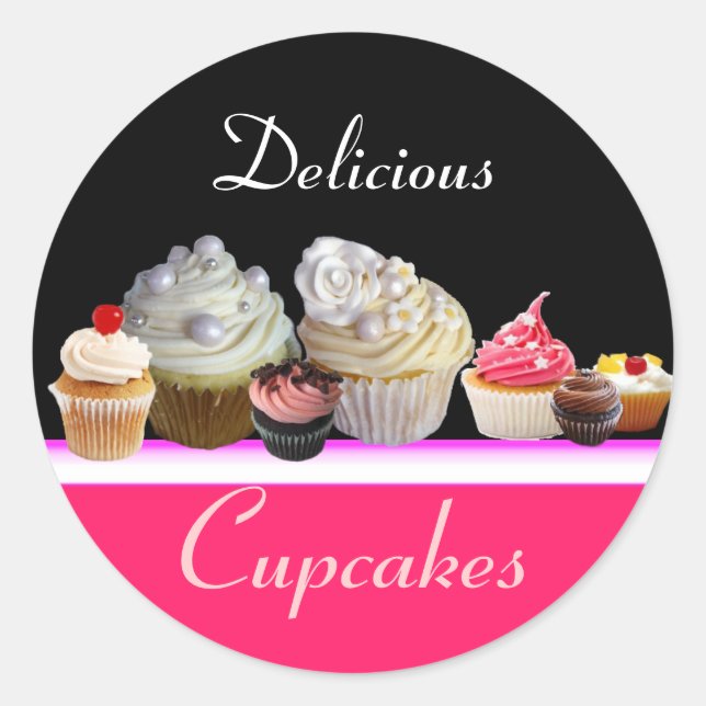 Sticker Rond DÉLICIEUX CUPCAKES ANNIVERSAIRE FÊTE, rouge rose n (Devant)