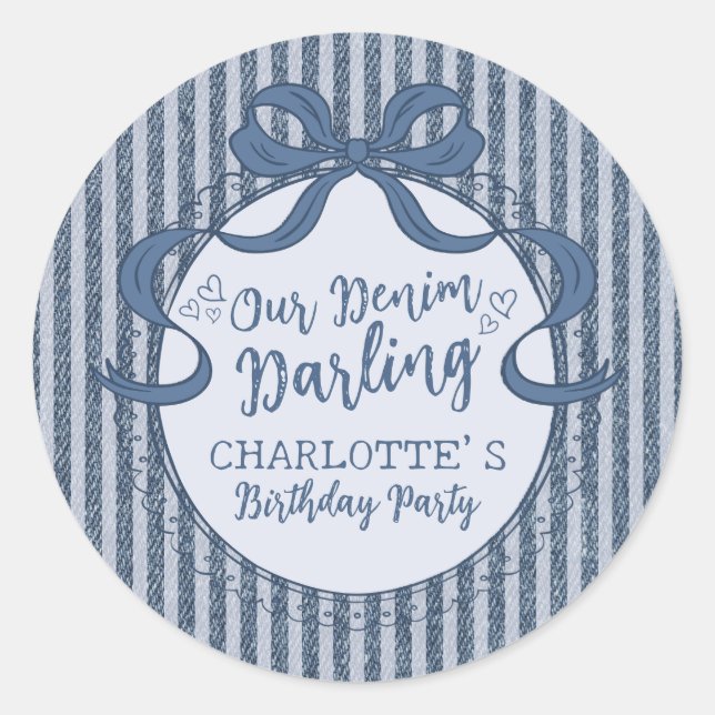 Sticker Rond Denim Coquette Bow Blue Jean Birthday Party (Devant)