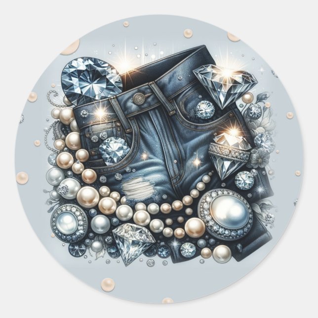 Sticker Rond Denim Diamonds & Pearls Jeans Bling Fête d'anniver (Devant)