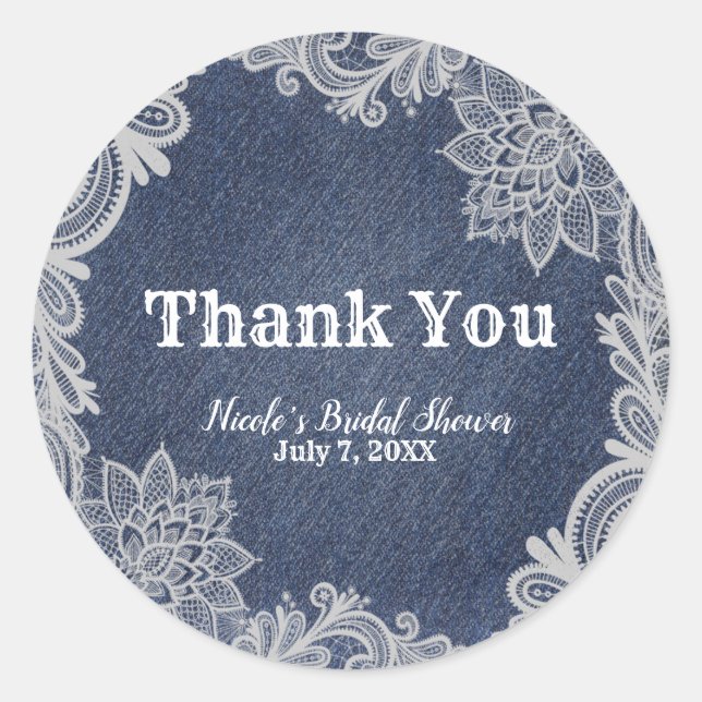 Sticker Rond Denim & White dentelle florale Elégant mariage Fav (Devant)
