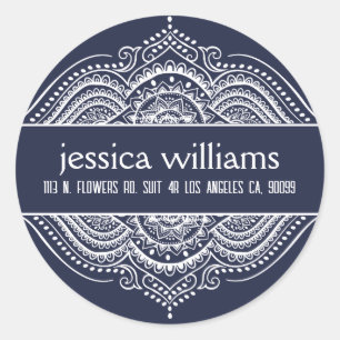 Sticker Rond Dentelle blanche Floral Paisley Mandala sur Royal 