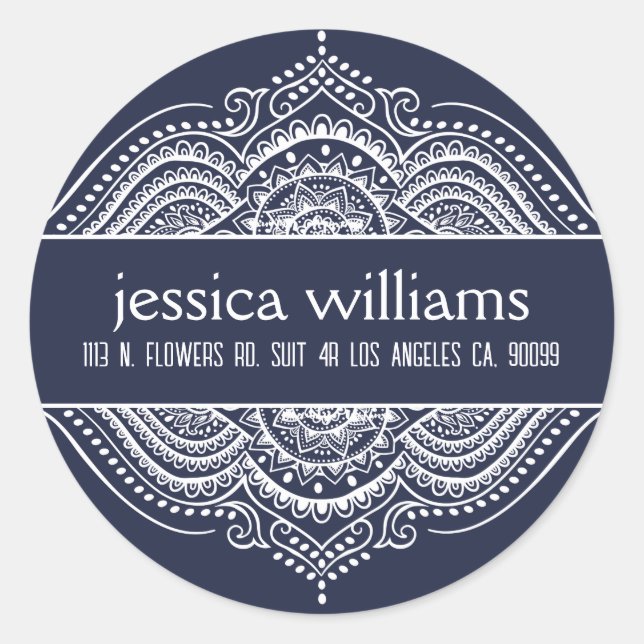 Sticker Rond Dentelle blanche Floral Paisley Mandala sur Royal  (Devant)