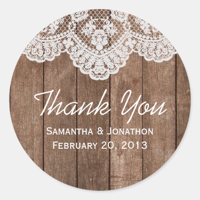 Sticker Rond Dentelle blanche rustique et Merci Mariage bois (Devant)