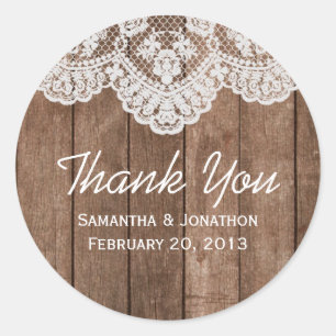 Sticker Rond Dentelle blanche rustique et Merci Mariage bois