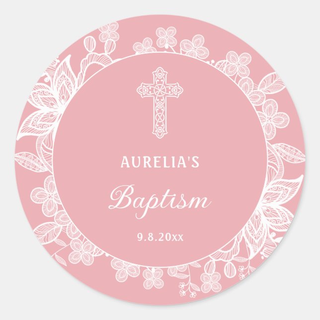 Sticker Rond Dentelle blanche sur le baptême rose (Devant)