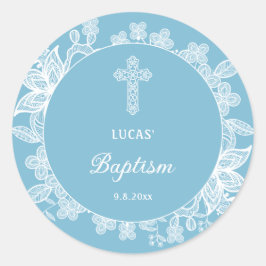 Sticker Rond Dentelle blanche sur Pastel Baptême bleu