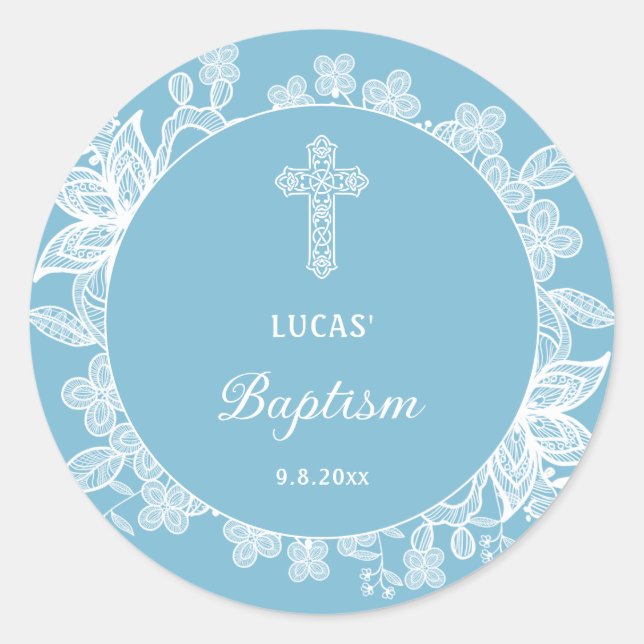 Sticker Rond Dentelle blanche sur Pastel Baptême bleu (Devant)