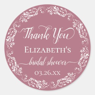 Sticker Rond Dentelle blanche sur rose poussiéreuse Remerciemen
