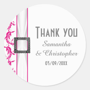 Sticker Rond Dentelle brillante rose fuchsia et blanche merci