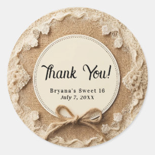 Sticker Rond Dentelle Burlap & Twine Bow Rustic Sweet 16 Annive
