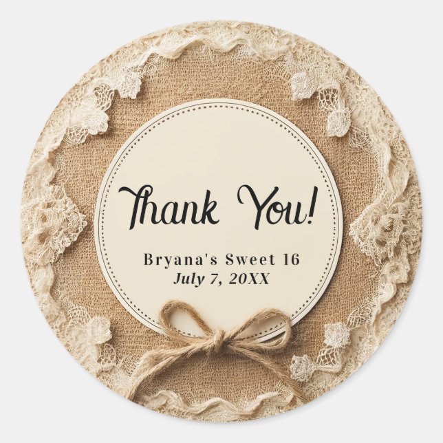 Sticker Rond Dentelle Burlap & Twine Bow Rustic Sweet 16 Annive (Devant)