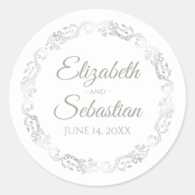 Sticker Rond Dentelle d'argent élégant Sage vert sur Mariage bl (Devant)
