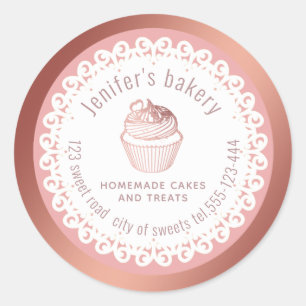 Sticker Rond Dentelle dorée rose cupcakes et gâteries maison