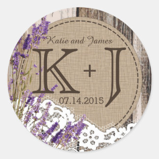 Sticker Rond Dentelle en bois Rustique Monogramme Mariage Étiqu