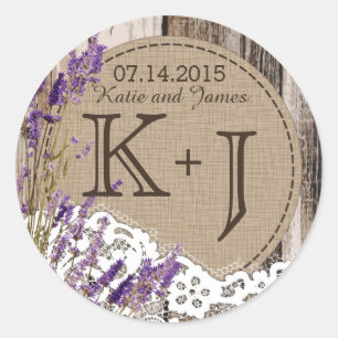 Sticker Rond Dentelle en bois Rustique Monogramme Mariage Étiqu