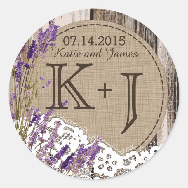Sticker Rond Dentelle en bois Rustique Monogramme Mariage Étiqu (Devant)