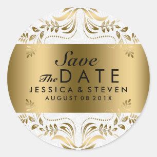 Sticker Rond Dentelle Florale Blanche & Or Enregistrer La Date