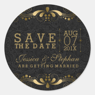 Sticker Rond Dentelle Florale Noire & Or Enregistrer La Date