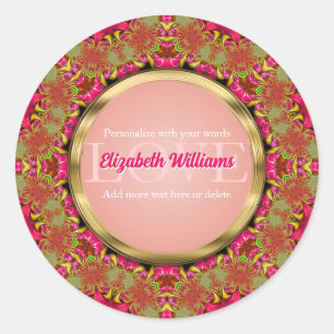 Sticker Rond Dentelle fractale rose et or chaud