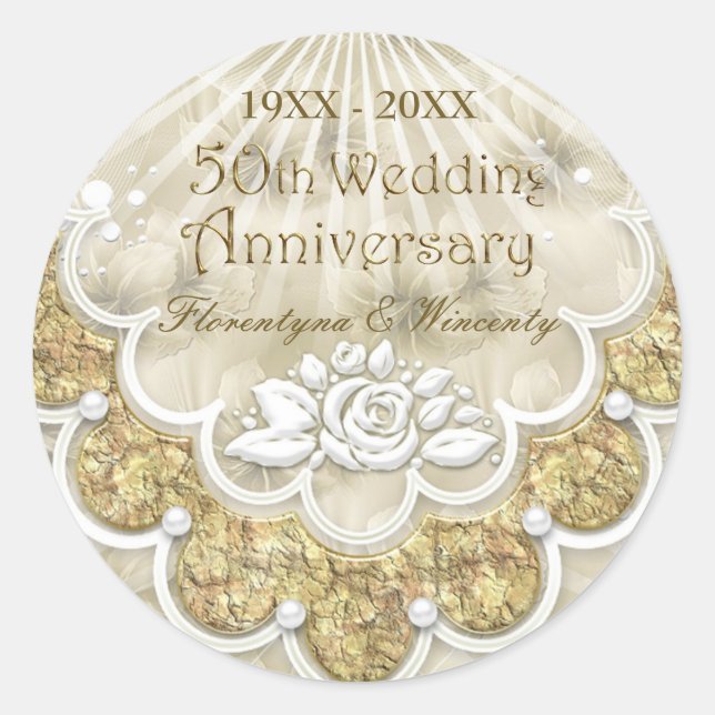 Sticker Rond Dentelle, rose, effet perle 50e anniversaire de Ma (Devant)