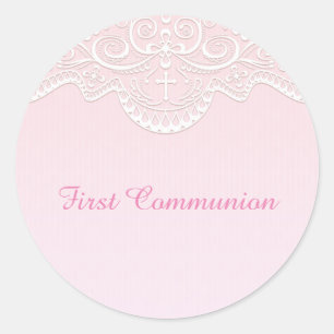 Sticker Rond Dentelle rose et blanche, religieuse