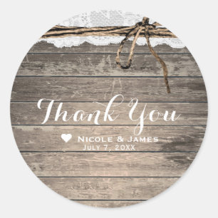 Sticker Rond Dentelle rustique en bois & Twine Mariage romantiq