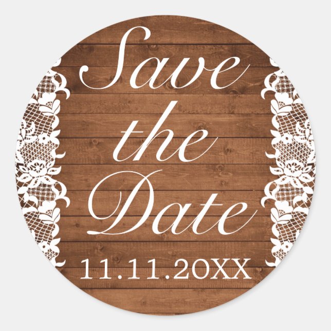 Sticker Rond Dentelle rustique et blanche Enregistrer la date M (Devant)