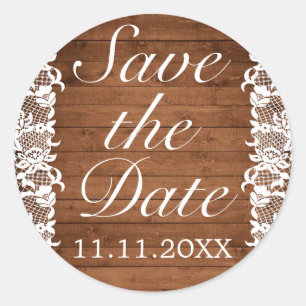Sticker Rond Dentelle rustique et blanche Enregistrer la date M