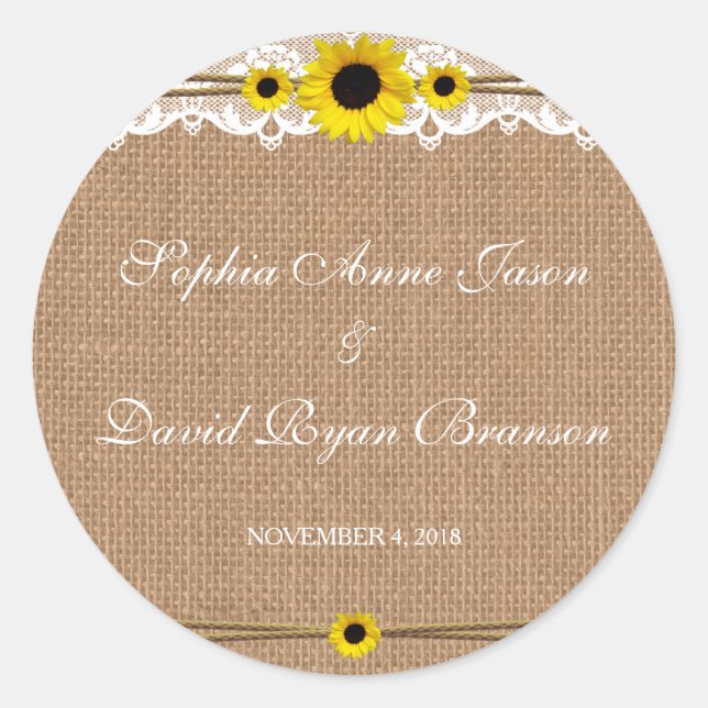 Sticker Rond Dentelle rustique, Fleurs Solaires, Mariage Burlap (Devant)
