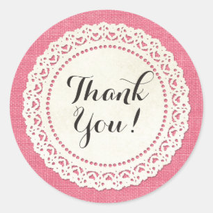 Sticker Rond Dentelle rustique sur Merci rose chaud
