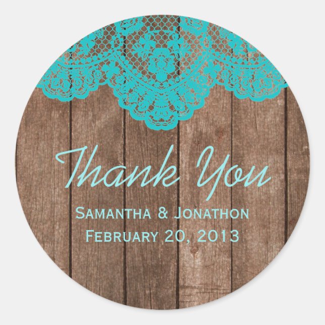 Sticker Rond Dentelle Turquoise rustique et Merci Mariage bois (Devant)