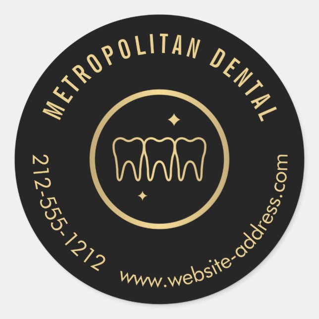 Sticker Rond Dentiste moderne Dents Faux Logo Or sur Noir (Devant)