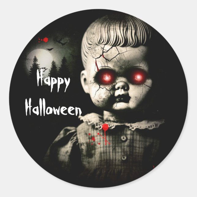 Sticker Rond Déplaisante Haunted Doll Halloween Costume Party (Devant)