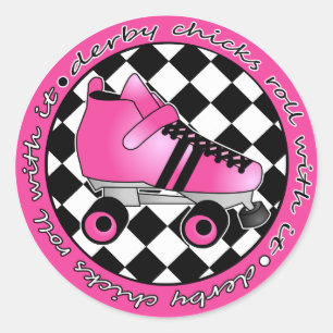 Sticker Rond Derby Chicks Roll with It - Hot Rose Black White