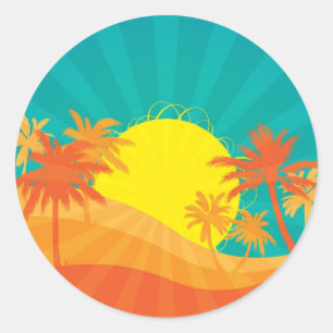 Sticker Rond Design de surf tropical rétro de Sunset Beach